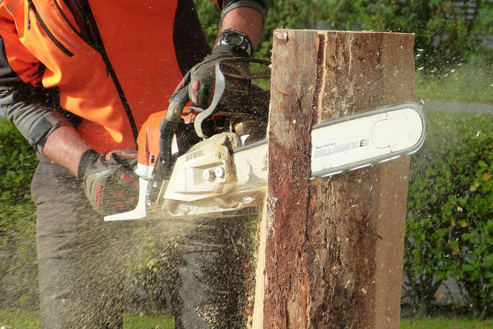 man cutting tress using chainsaw